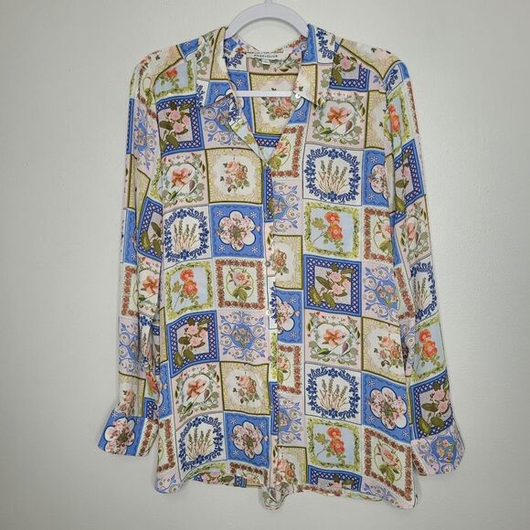 Rose + Olive flower square print vintage vibe button front long sleeve Size L - Picture 1 of 8